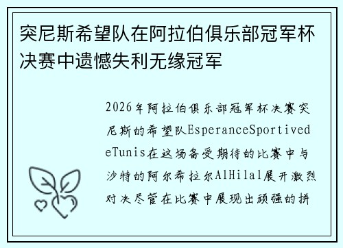 突尼斯希望队在阿拉伯俱乐部冠军杯决赛中遗憾失利无缘冠军
